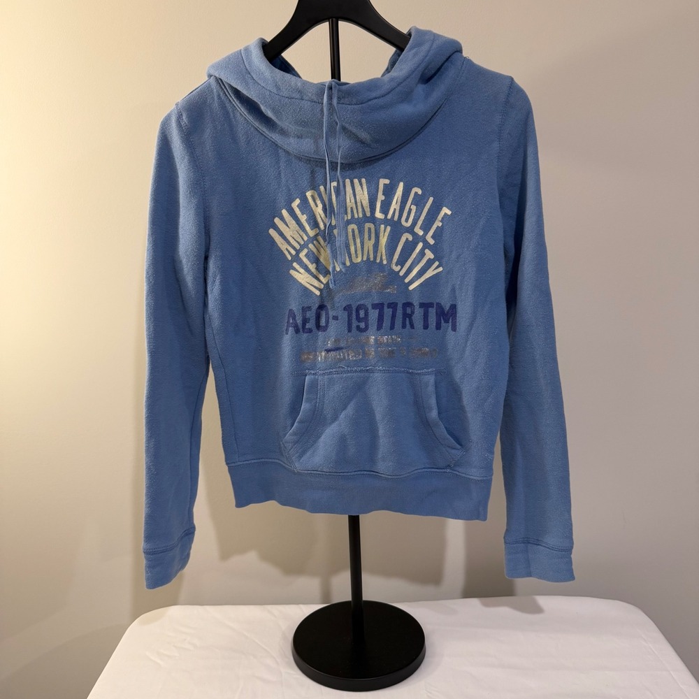 American Eagle Outfitters Women Blue NYC Graphic Cowl Neck Hoodie XS